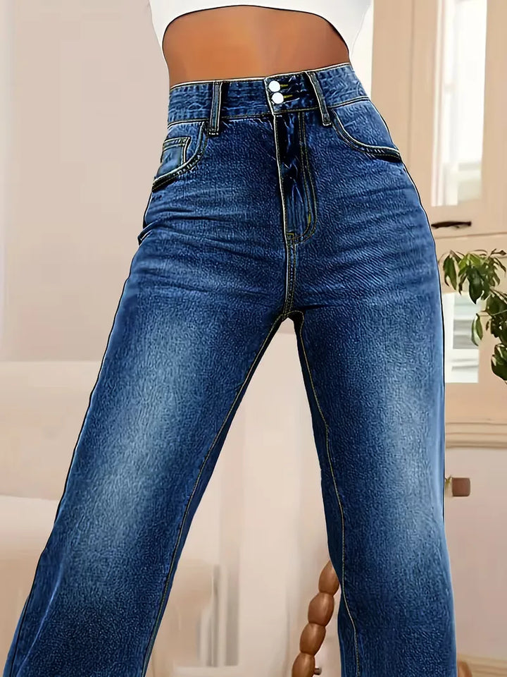Dames straight jeans, donkerblauw, met flatterende hoge taille voor een moderne stijl.