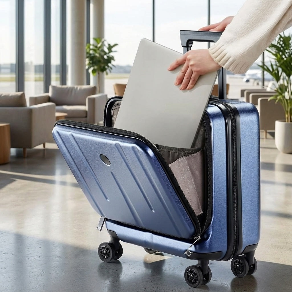Donkerblauwe unisex handbagage reiskoffer met handig laptopvak, ideaal voor zakenreizen. Compacte spinner koffer.