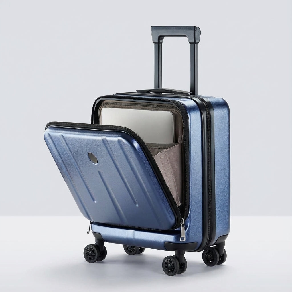 Compacte donkergrijze handbagage koffer met laptopcompartiment en TSA-slot, perfect voor frequent reizen.