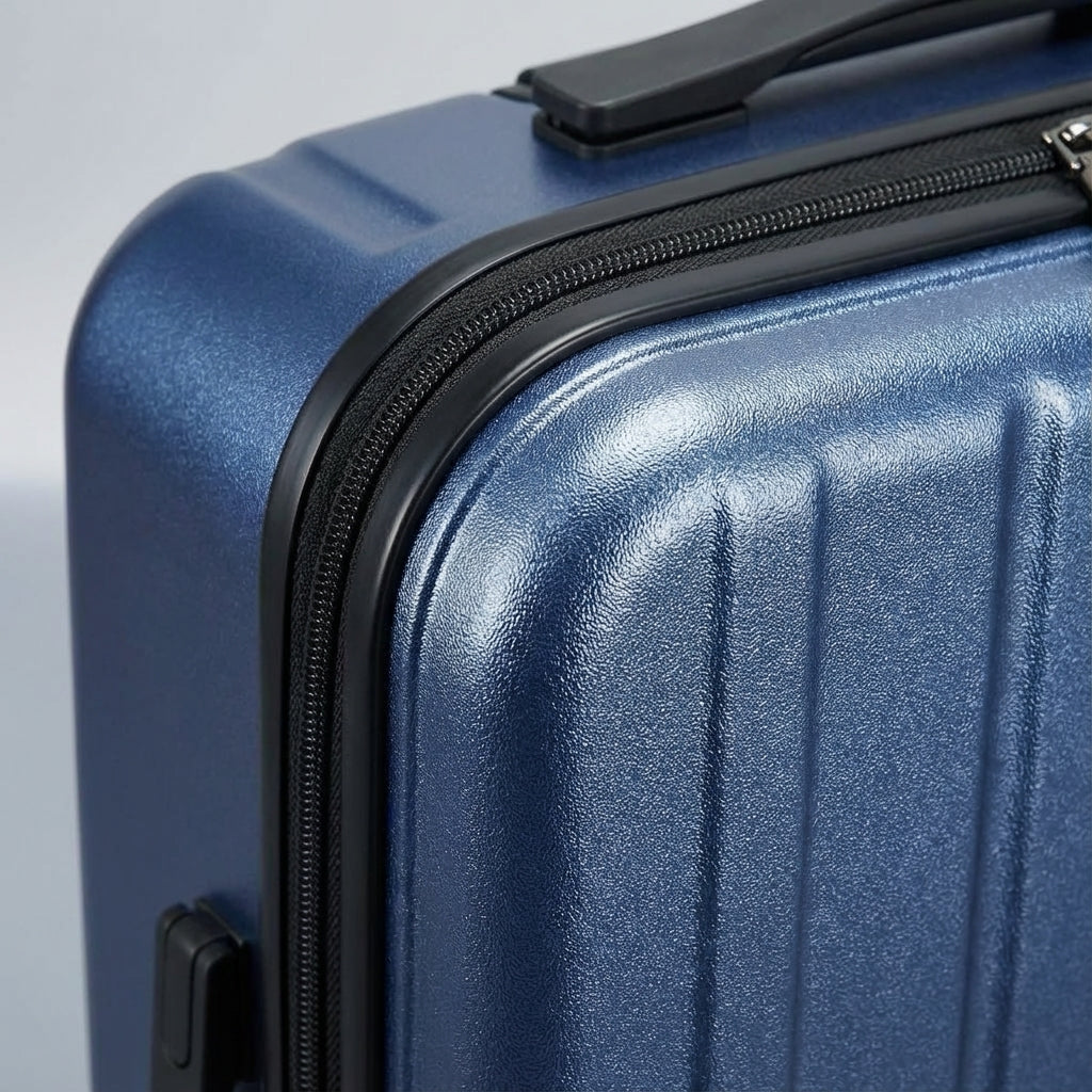 Stijlvolle donkerblauwe carry-on koffer met voorvak voor laptop en 4 soepele spinner wielen. Gemakkelijk reizen.