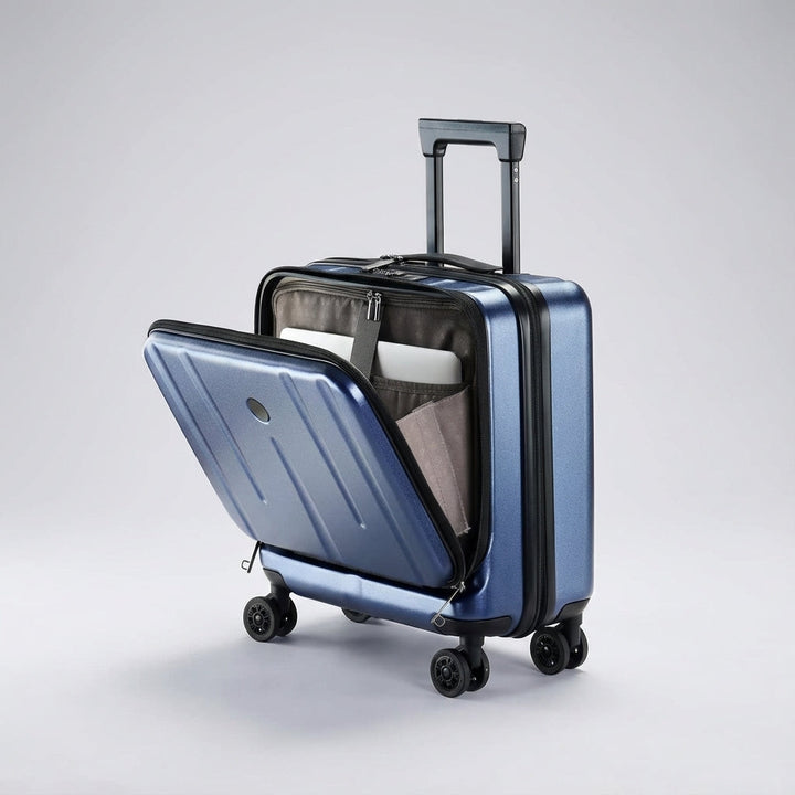 Praktische unisex reisbagage koffer met geïntegreerd laptopvak en veilig TSA-slot, verkrijgbaar in donkergrijs.