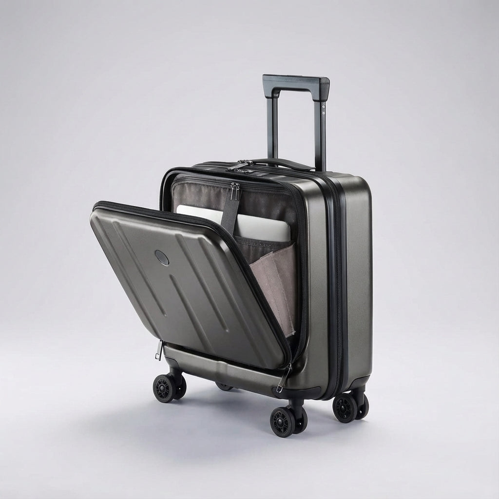 Moderne donkerblauwe handbagage reiskoffer, speciaal ontworpen met laptopvak voor de georganiseerde reiziger.