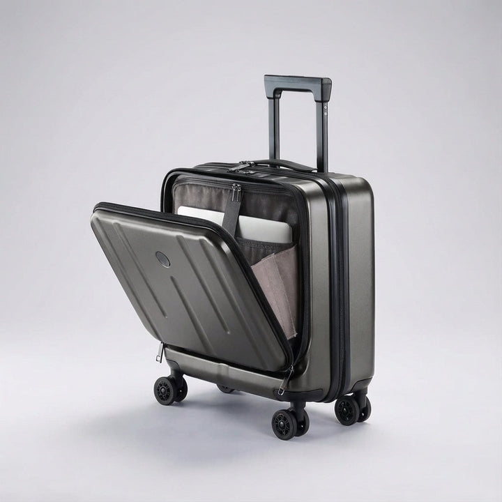 Moderne donkerblauwe handbagage reiskoffer, speciaal ontworpen met laptopvak voor de georganiseerde reiziger.