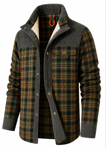Veelzijdige herenjas: geruite overhemdjas in donkerbruin/zwart, comfortabel voor casual herfst/winter look.