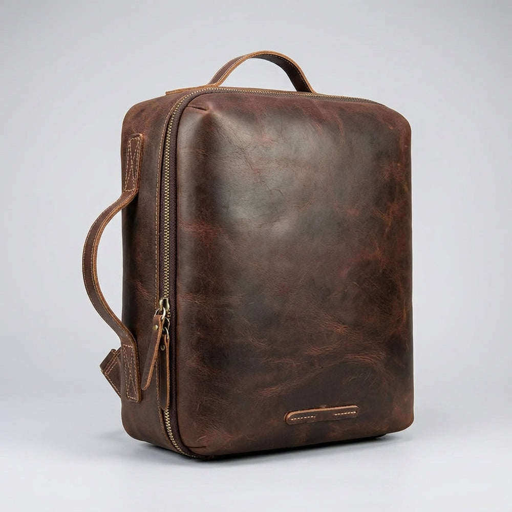 Lockfield premium Crazy Horse leren laptoprugzak; stijlvol, zakelijk en duurzaam voor reizen.