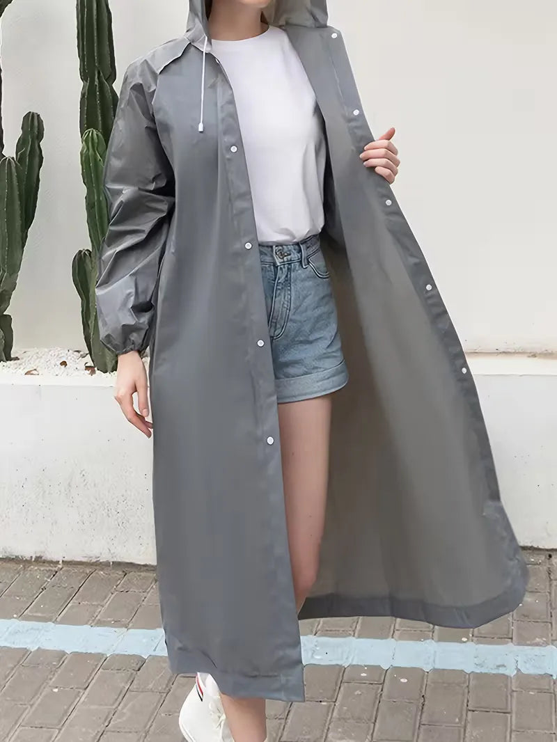 Donkergrijze unisex regenjas met capuchon, waterdicht EVA materiaal, ideaal voor outdoor avonturen in lente/herfst.