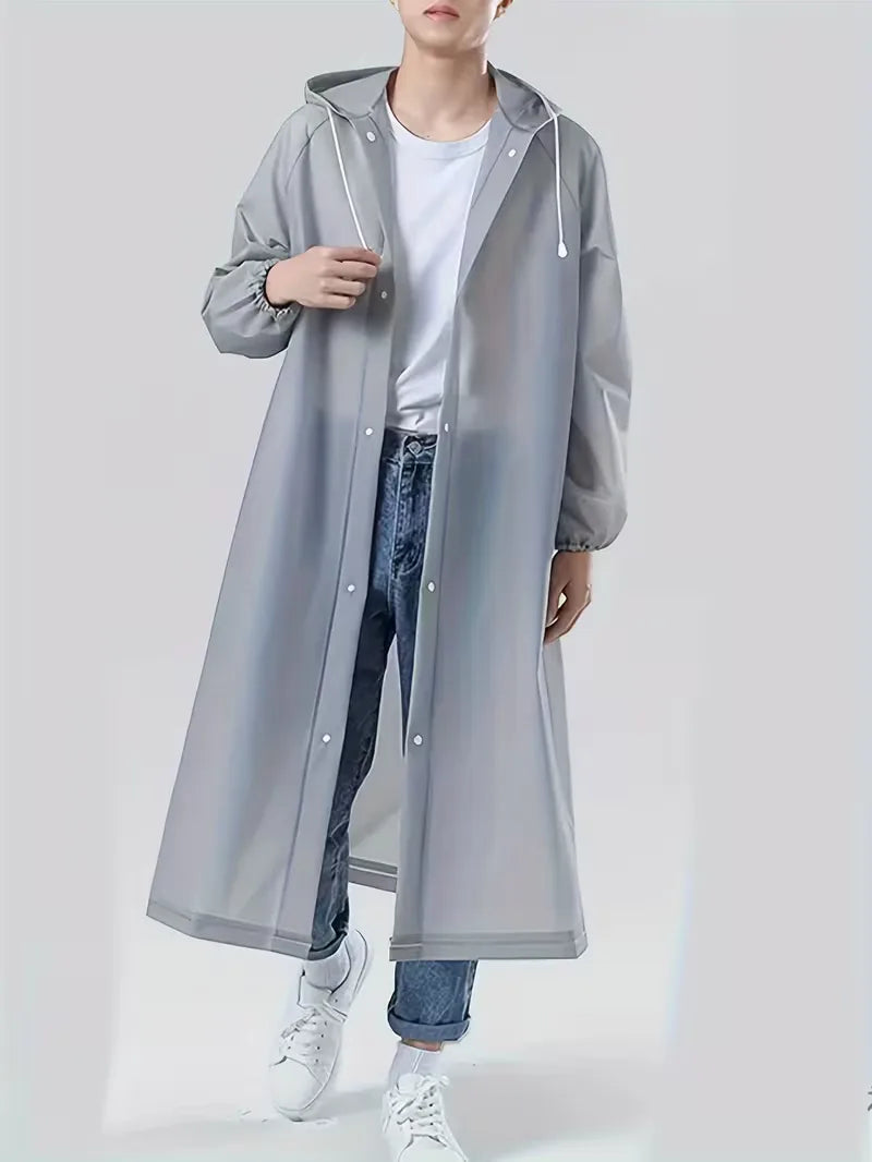 Praktische donkergrijze unisex regenjas met capuchon, waterdicht en lichtgewicht, perfect voor onverwachte regenbuien.