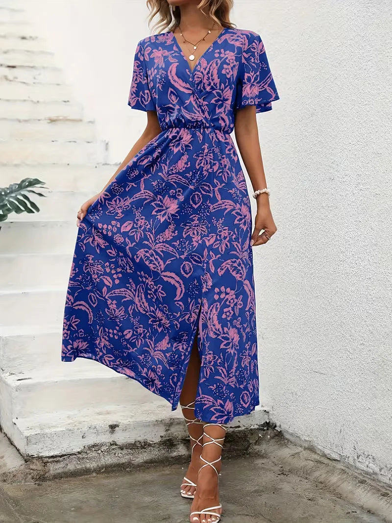 Casual zomer wikkeljurk dames, bloemenprint, midi V-hals. Ideaal als strandjurk of comfortabele vakantiejurk.