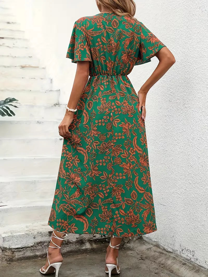 Stijlvolle bohemian wikkeljurk voor dames, bloemenprint, midi lengte, V-hals, casual zomerjurk met korte mouwen.