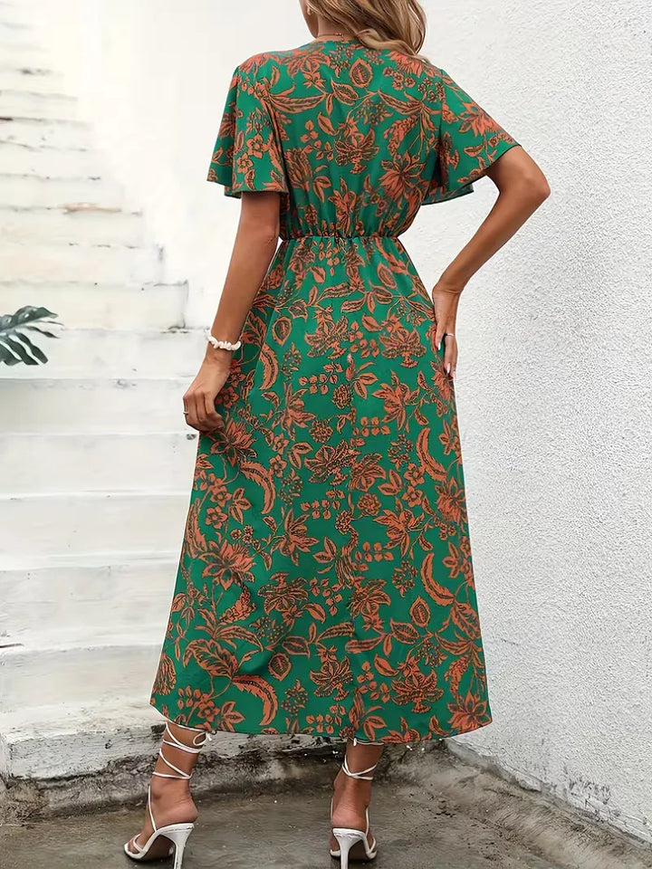 Stijlvolle bohemian wikkeljurk voor dames, bloemenprint, midi lengte, V-hals, casual zomerjurk met korte mouwen.