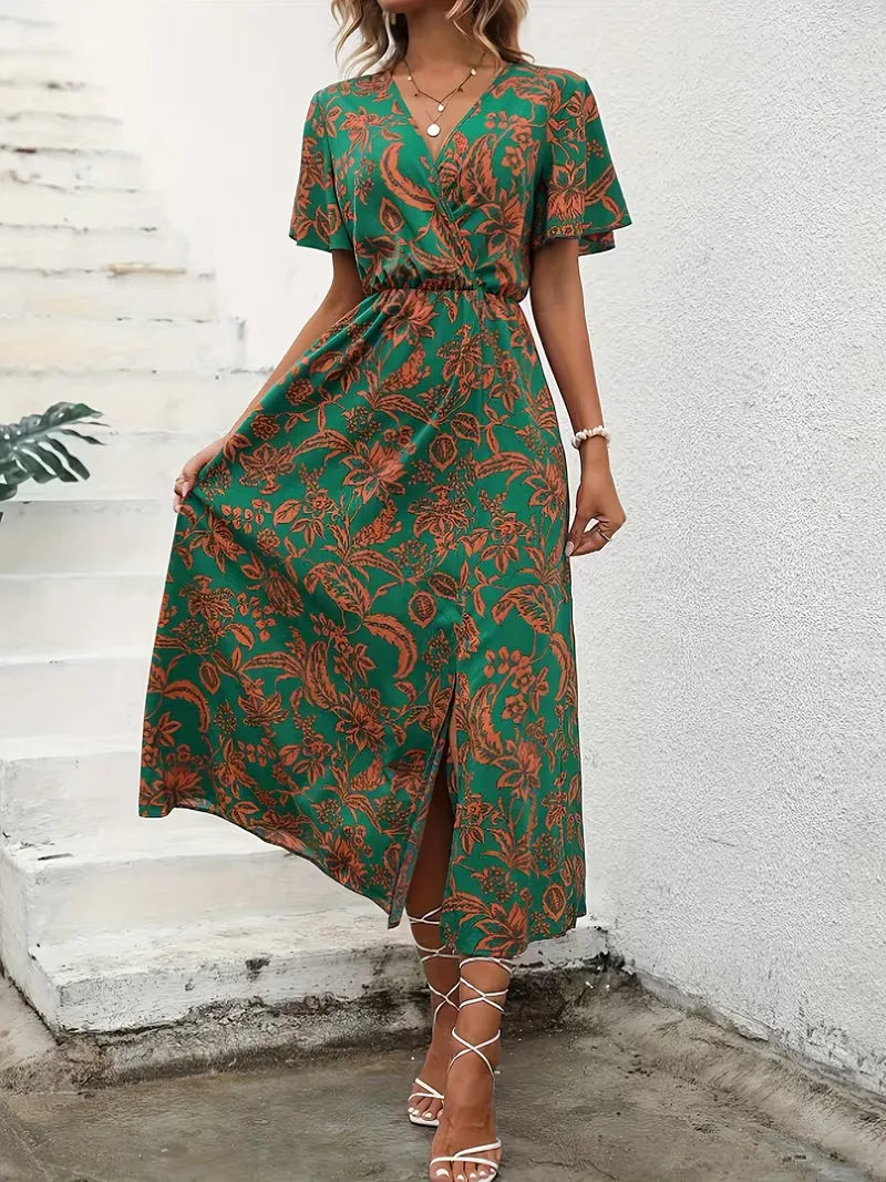 Elegante dames zomerjurk: midi wikkeljurk met vrolijke bloemenprint, V-hals, korte mouwen. Geschikt voor casual en strand.
