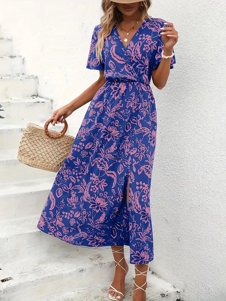 Dames wikkeljurk met levendige bloemenprint, midi V-hals, korte mouwen. Comfortabele en stijlvolle zomerjurk.