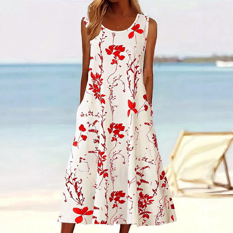 Casual dames zomerjurk: mouwloze midi A-lijn jurk met frisse bloemenprint, perfect voor elke gelegenheid.