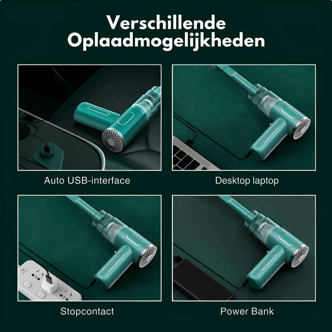 "Draadloze auto stofzuiger met krachtige zuiging, gestroomlijnd design, zwart en groen, compact en gemakkelijk hanteerbaar."