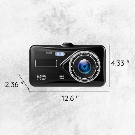 "Draadloze dubbele dashcam met nachtzicht, 170° breedhoek, HD 1080p, voor- en achterlenzen, zwart ontwerp, LCD-scherm."