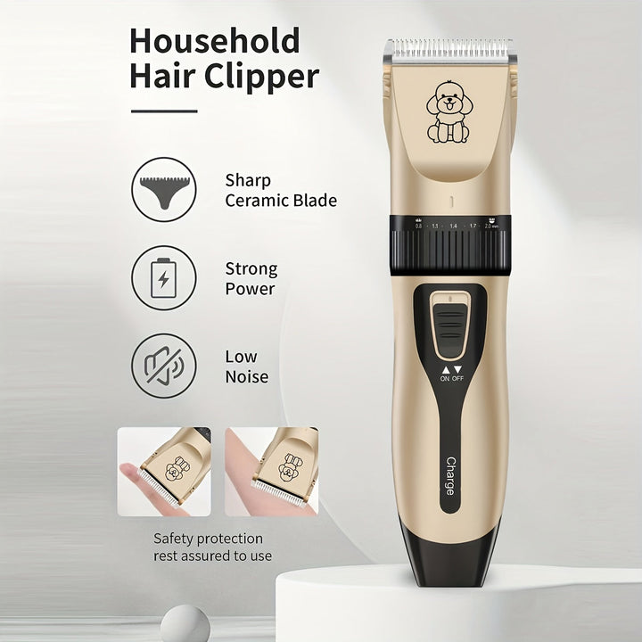 "Draadloze huisdiertrimmer met scherp keramisch mes, USB oplaadbaar, fluisterstil voor honden- en kattenverzorging."