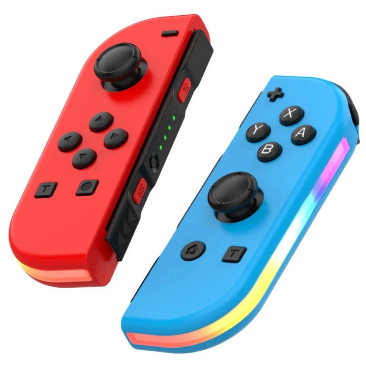 Gedetailleerde foto van Nintendo Switch draadloze controller met heldere RGB LED-verlichte knoppen.