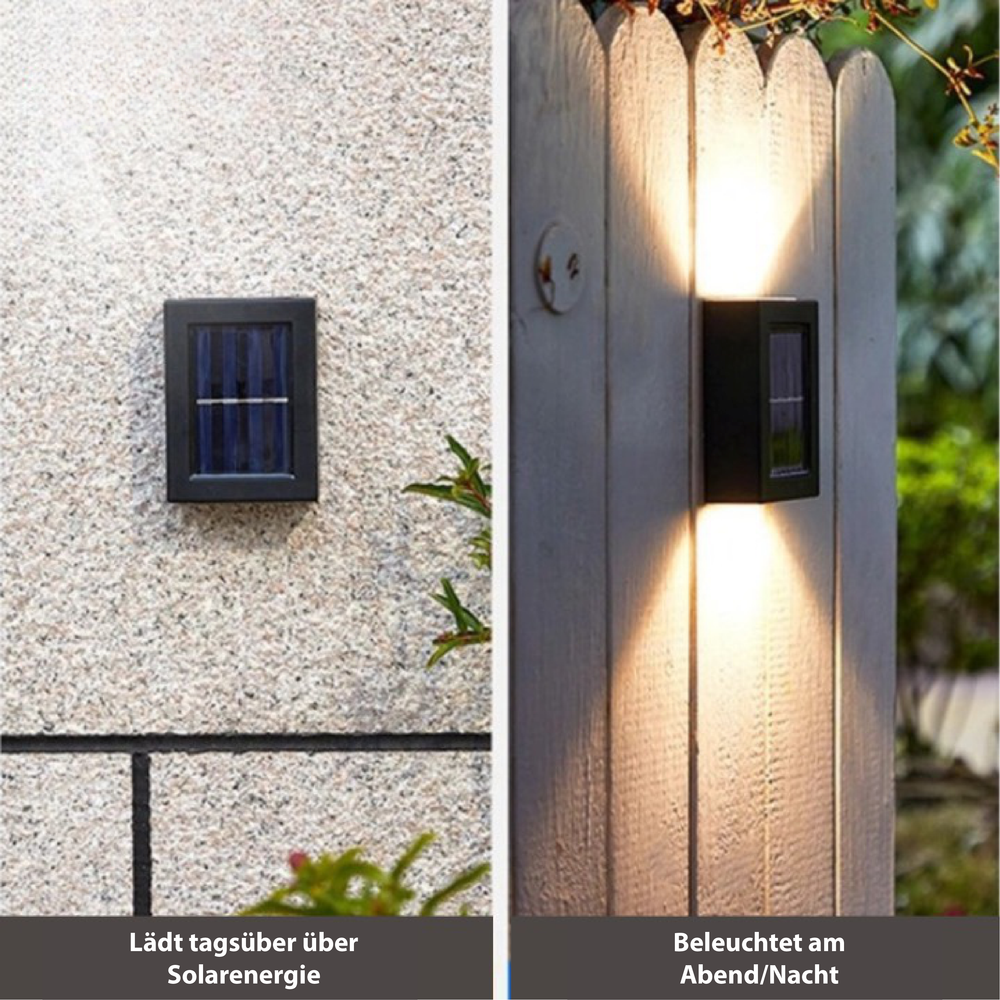 "Draadloze solar LED wandlamp, strak en modern design, milieuvriendelijk, waterdicht, ideaal voor tuin of oprit verlichting."