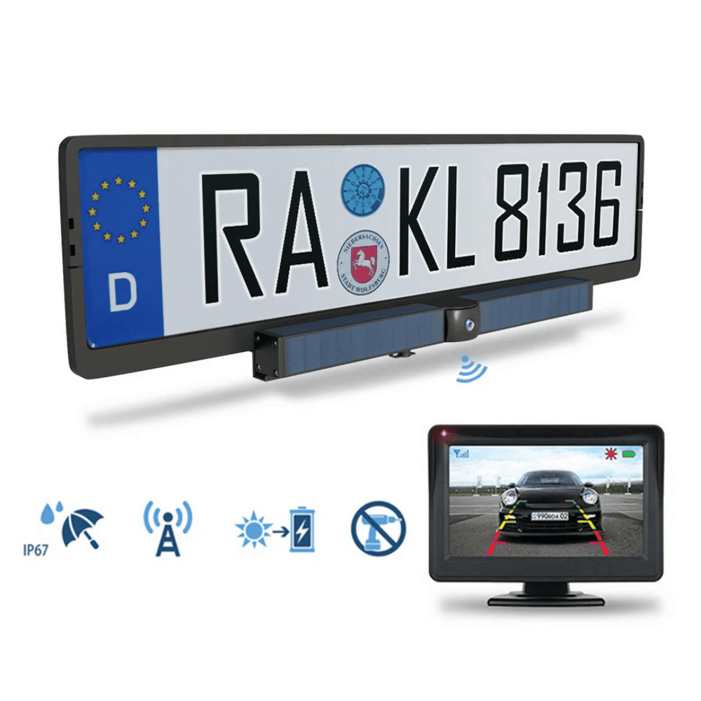 Draadloze zonne-energie HD achteruitrijcamera, 1080P resolutie, 4.3-inches monitor, IP67 waterdicht, 140° kijkhoek.
