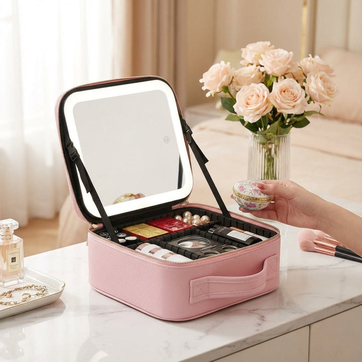Draagbaar make-up station met LED spiegel voor dames; ideaal reis make-up station in roze, zwart of wit.