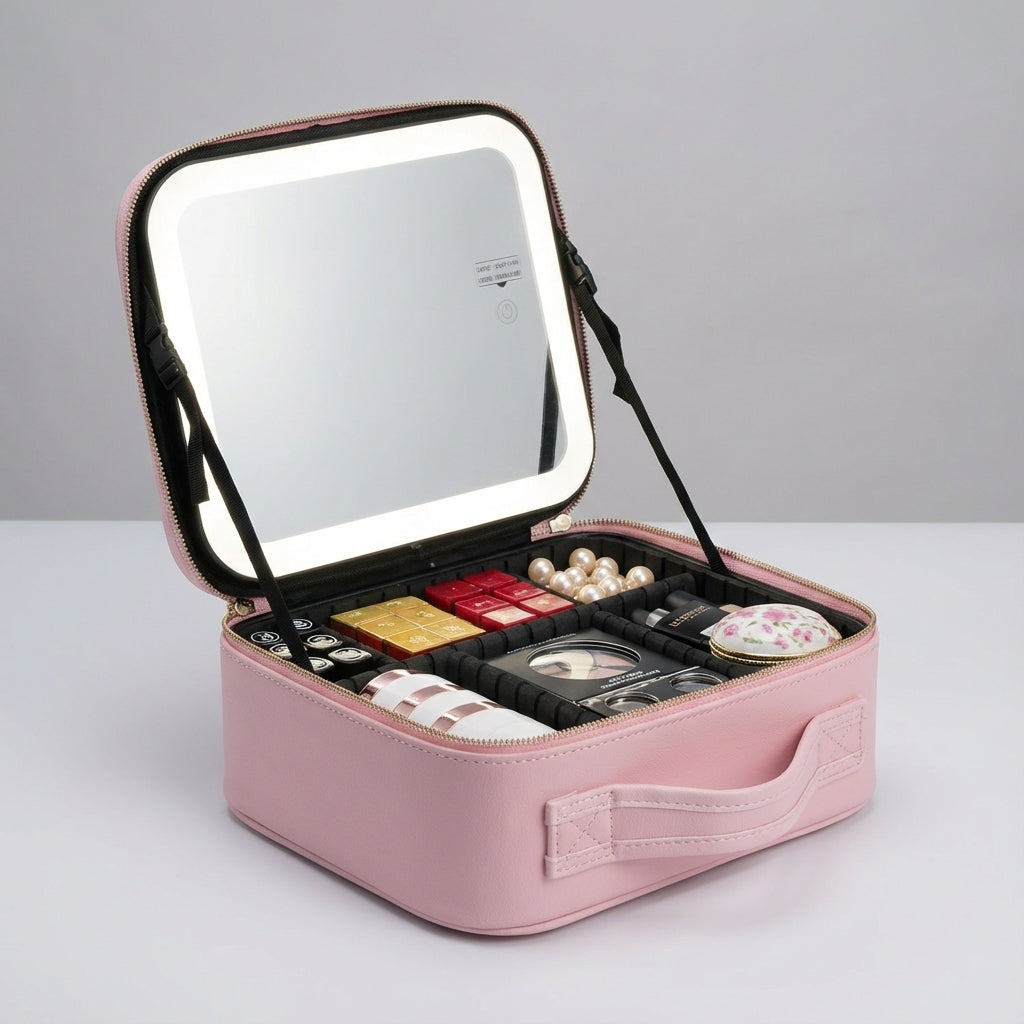 Georganiseerd draagbaar make-up station Brightique met heldere LED spiegel voor reizen en cosmetica.