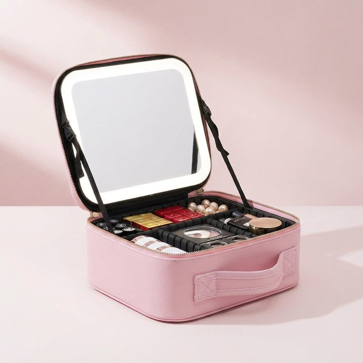 Zwart draagbaar make-up station Brightique met LED spiegel en georganiseerde vakken voor cosmetica.