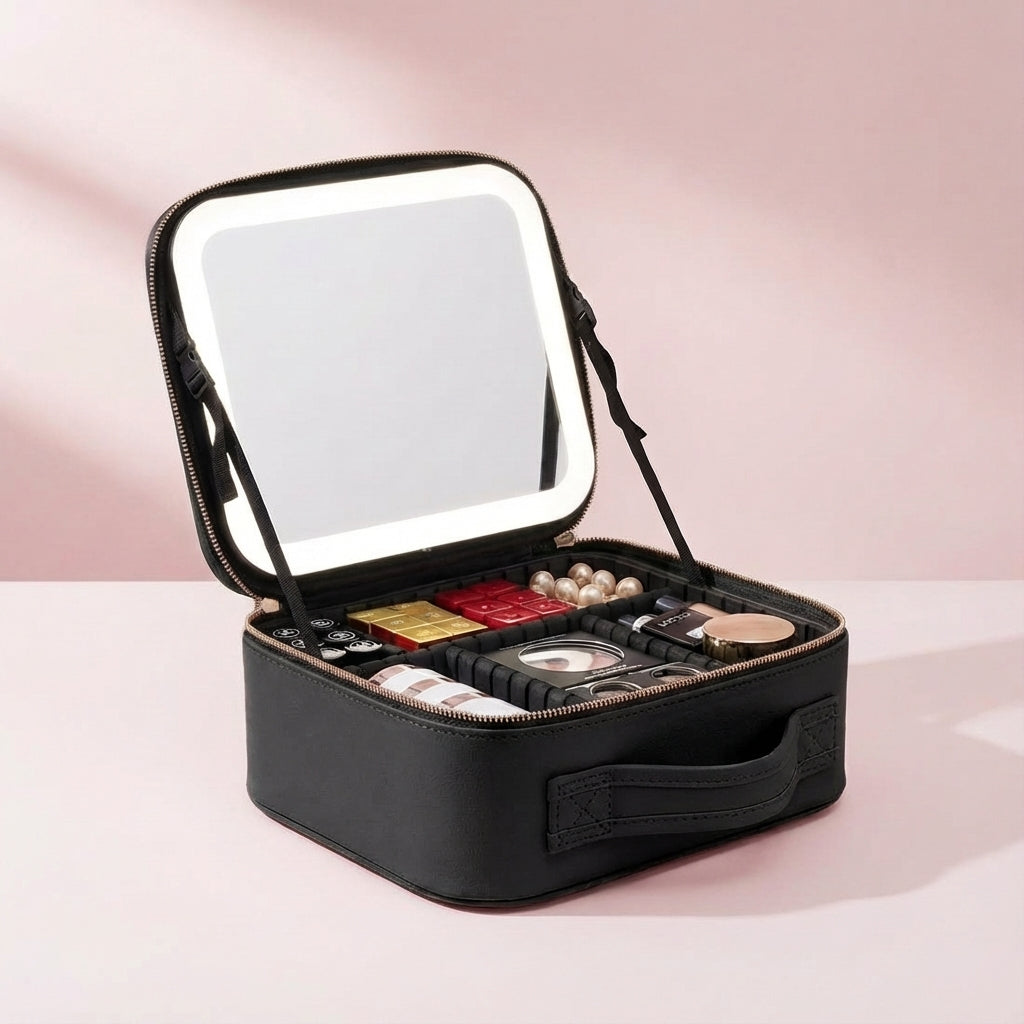 Wit draagbaar make-up station voor dames; reisvriendelijke make-up koffer met heldere LED spiegel.