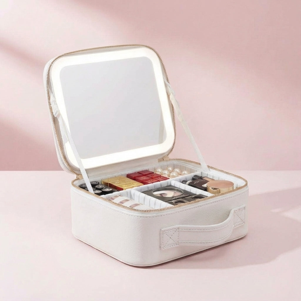 Dames draagbaar make-up station met LED spiegel, ideaal als beautycase voor georganiseerde reis cosmetica.