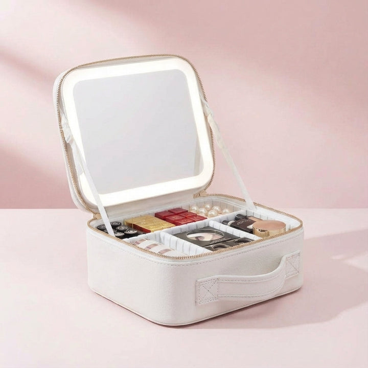 Dames draagbaar make-up station met LED spiegel, ideaal als beautycase voor georganiseerde reis cosmetica.