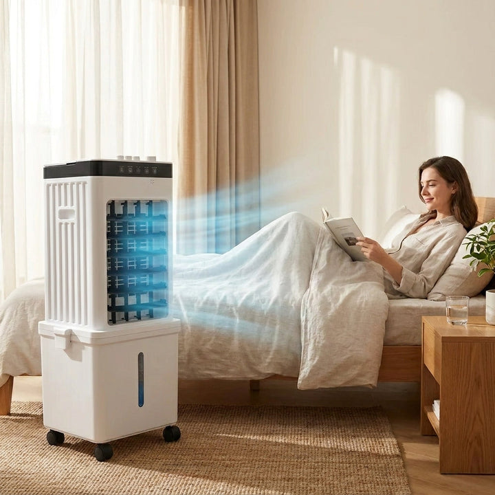 Compacte mobiele luchtkoeler en ontvochtiger. Perfecte klimaatbeheersing voor slaapkamer of kantoor. Krachtige ventilator.