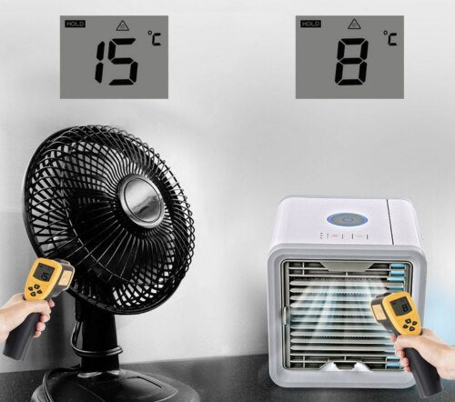 Energiezuinige USB-gevoede mobiele luchtkoler met ventilator, bevochtiger en LED verlichting.