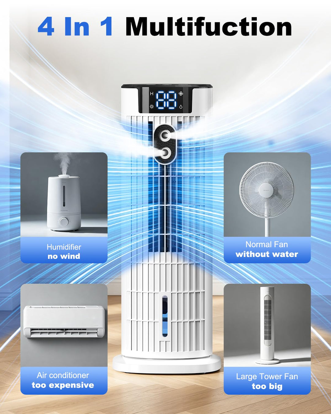 Compacte draagbare luchtkoeler/ventilator; 4-in-1 functie met bevochtiger voor comfortabele zomer.