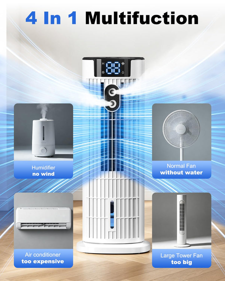 Compacte draagbare luchtkoeler/ventilator; 4-in-1 functie met bevochtiger voor comfortabele zomer.