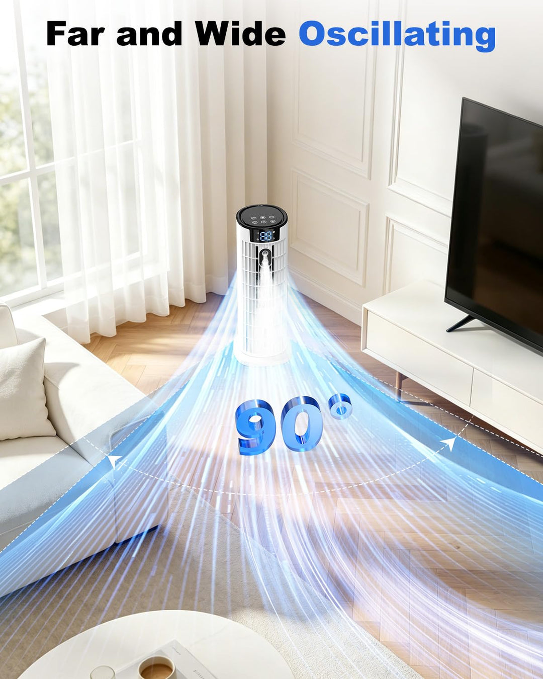 Witte mobiele air cooler met wielen en digitaal display; verkoelt en bevochtigt de ruimte efficiënt.