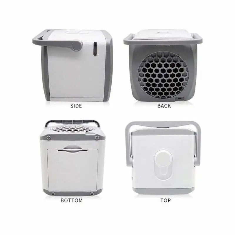 Veelzijdige draagbare airco, luchtbevochtiger & reiniger. USB-aangedreven voor frisse lucht thuis of op reis.