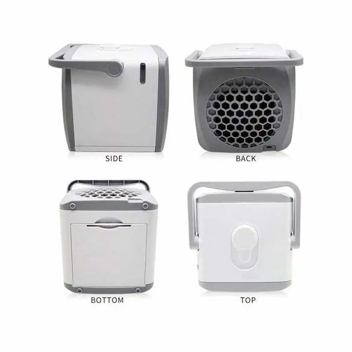 Veelzijdige draagbare airco, luchtbevochtiger & reiniger. USB-aangedreven voor frisse lucht thuis of op reis.