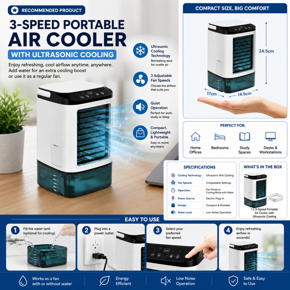 Compacte mini airco, makkelijk te verplaatsen. Ideaal als persoonlijke koeler voor thuis of werk.
