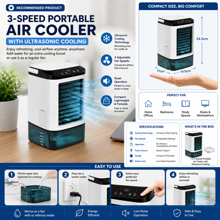 Compacte mini airco, makkelijk te verplaatsen. Ideaal als persoonlijke koeler voor thuis of werk.