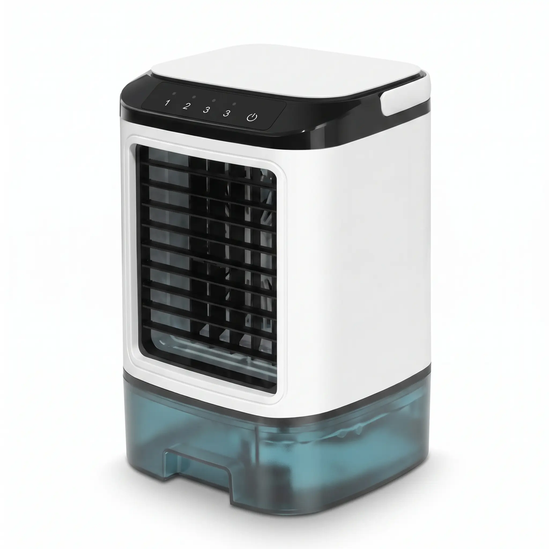 Stille draagbare airco met geavanceerde ultrasone koeling voor een fris kantoor of slaapkamer.