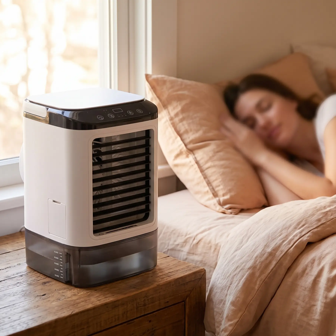 Tafelventilator met 3 snelheden en draagbare airco functie, zorgt voor comfortabele koeling.