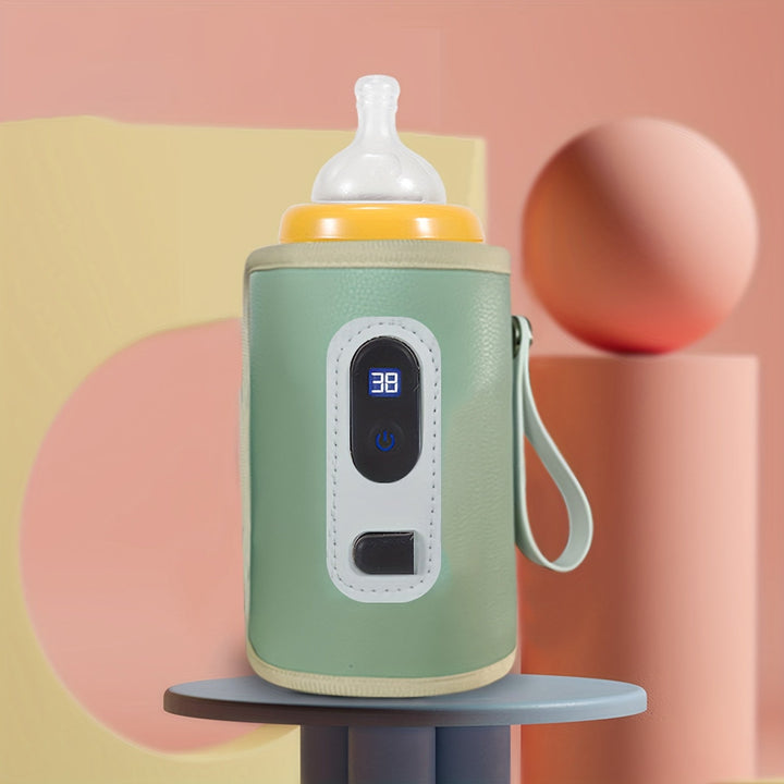 "Draagbare babyflesverwarmer, USB-aangedreven, compact ontwerp, vijf temperatuurinstellingen, ideaal voor onderweg."