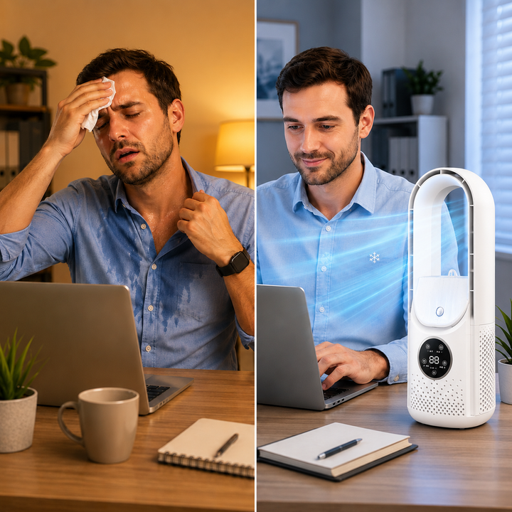 Stille bladeless bureaukoeler, perfect voor kantoor. Compact, energiezuinig en lichtgewicht voor comfortabele zomer.