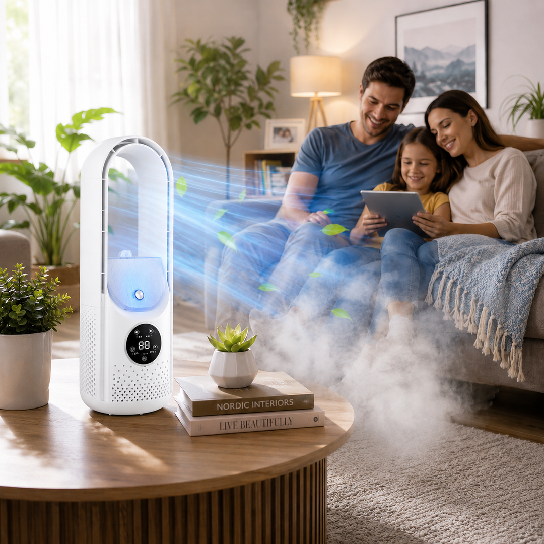 Lichtgewicht draagbare luchtkoeler, bladeless design, modern en compact. Eenvoudig te verplaatsen voor huis of kantoor.