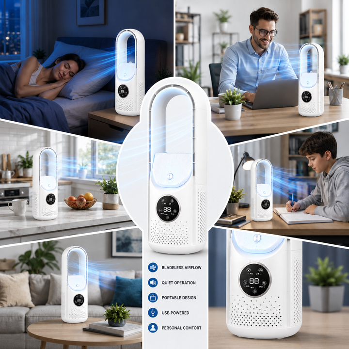 Compacte bladeless binnenkoeler, zorgt voor aangename verfrissing in huis. Stil, veilig en energiezuinig ontwerp.