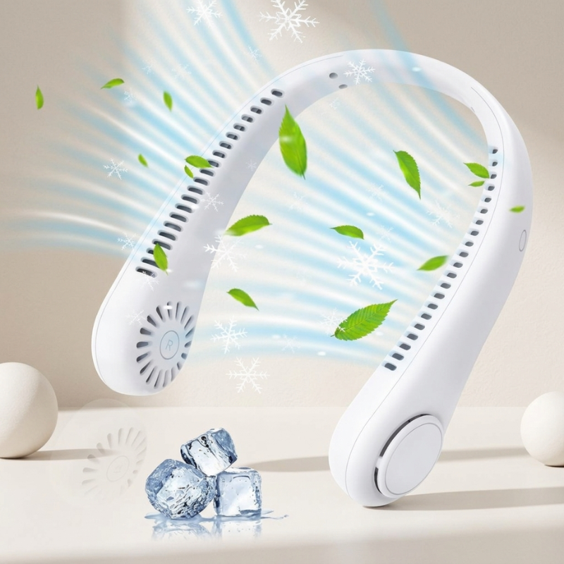 Draagbare bladeless nekventilator met 360° koeling, perfect voor handsfree verkoeling onderweg. USB oplaadbaar en comfortabel.