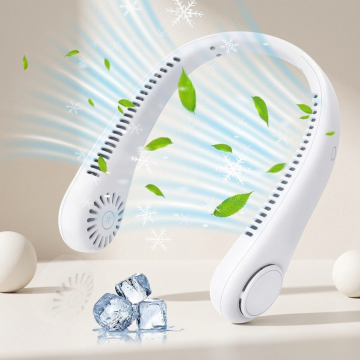 Draagbare bladeless nekventilator met 360° koeling, perfect voor handsfree verkoeling onderweg. USB oplaadbaar en comfortabel.