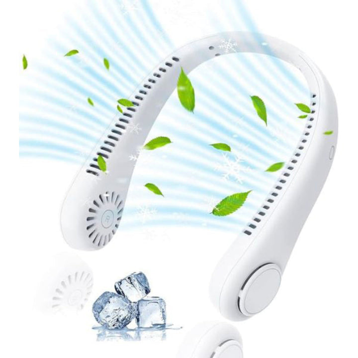 Innovatieve bladeless nekventilator, draagbaar en oplaadbaar, voor continue 360° koeling. Ideaal voor sport en zomer.