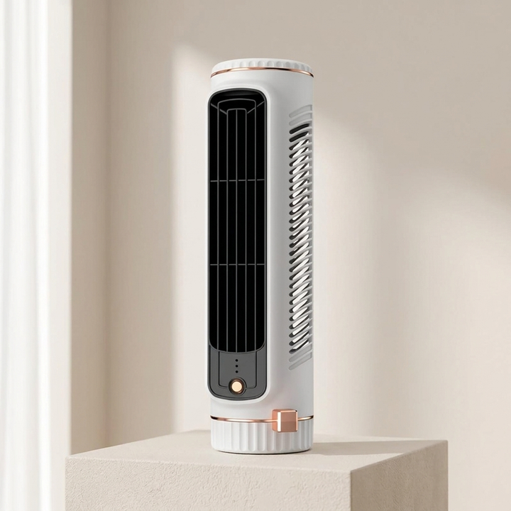 Draagbare bladloze torenventilator met 360° koeling, compact en stil. Ideaal voor binnen.