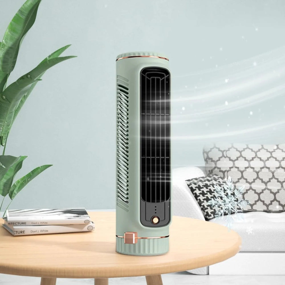 Compacte USB torenventilator zonder bladen, draagbaar voor kantoor of thuis. Stille 360° luchtkoeling.