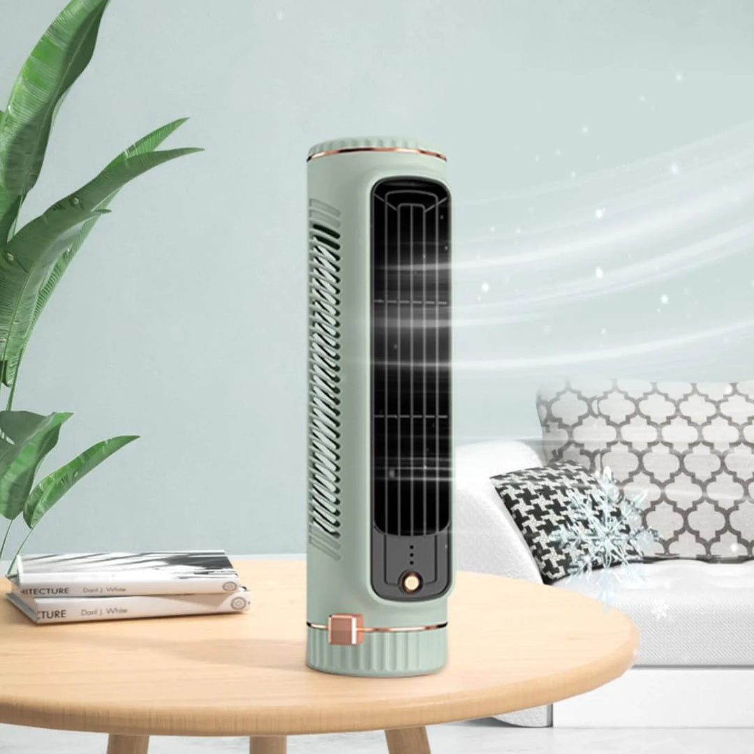 Compacte USB torenventilator zonder bladen, draagbaar voor kantoor of thuis. Stille 360° luchtkoeling.